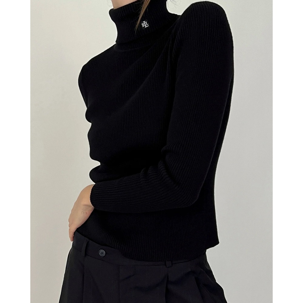 Lauren Ralph Lauren Women's L Black Ribbed Cotton Turtleneck Quiet Luxury